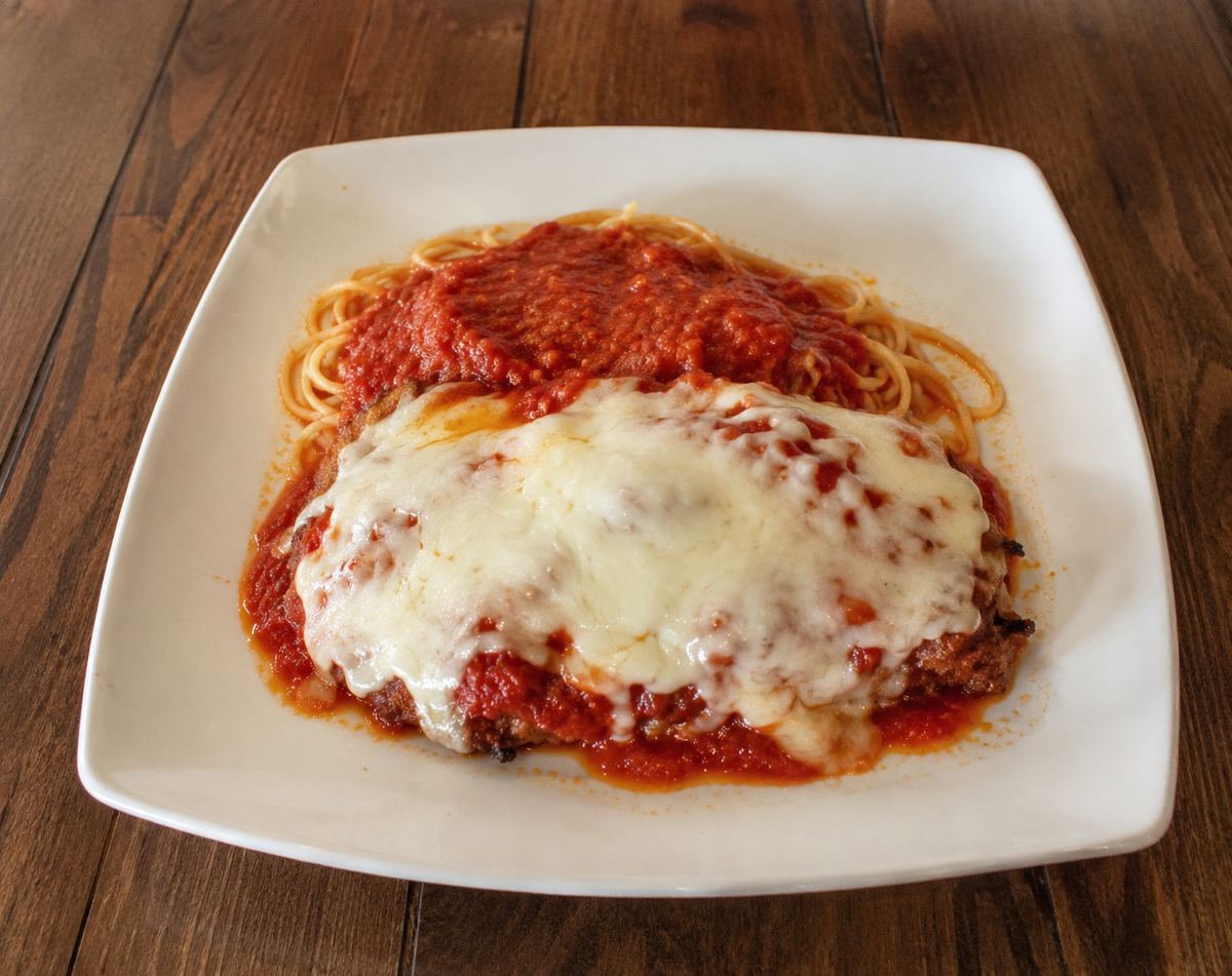 Chicken Parmigiana with spaghetti