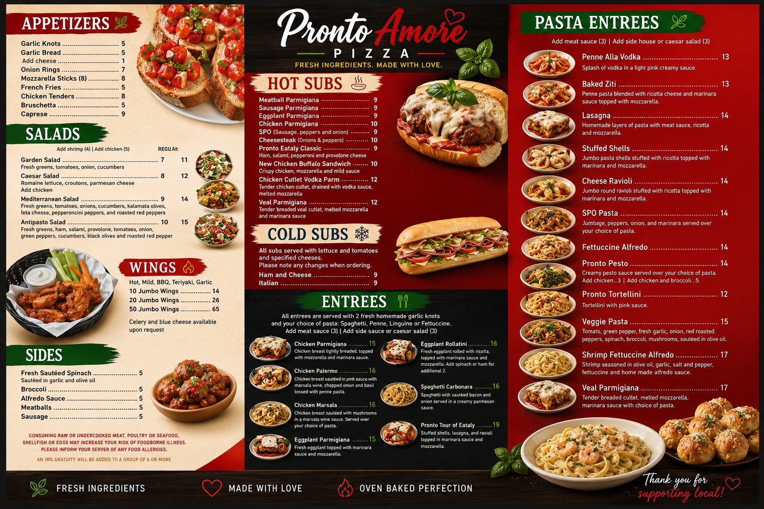 Pronto Amore Pizza menu page 1 — appetizers, salads, wings, sides, hot and cold subs, and entrees