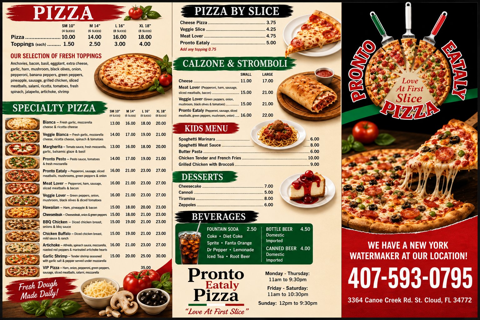 Pronto Amore Pizza menu page 2 — pizza, pizza by the slice, calzones, stromboli, kids menu, desserts, and beverages